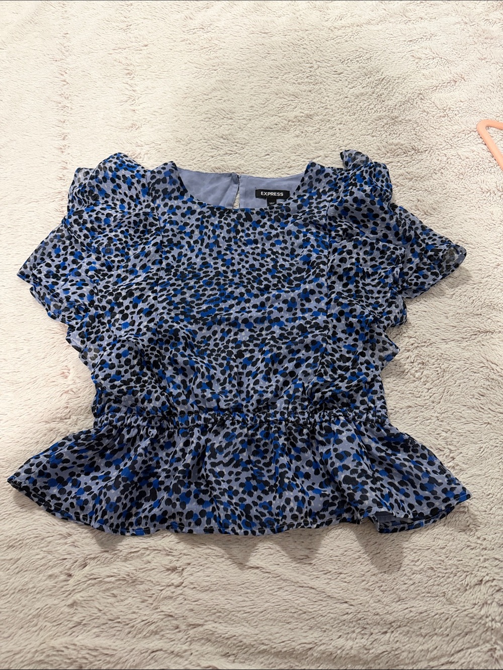Express Blue and Black Spot Ruffle Peplum Blouse